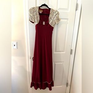 1970s vintage prom dress. Burgundy with cream colored lace overlay